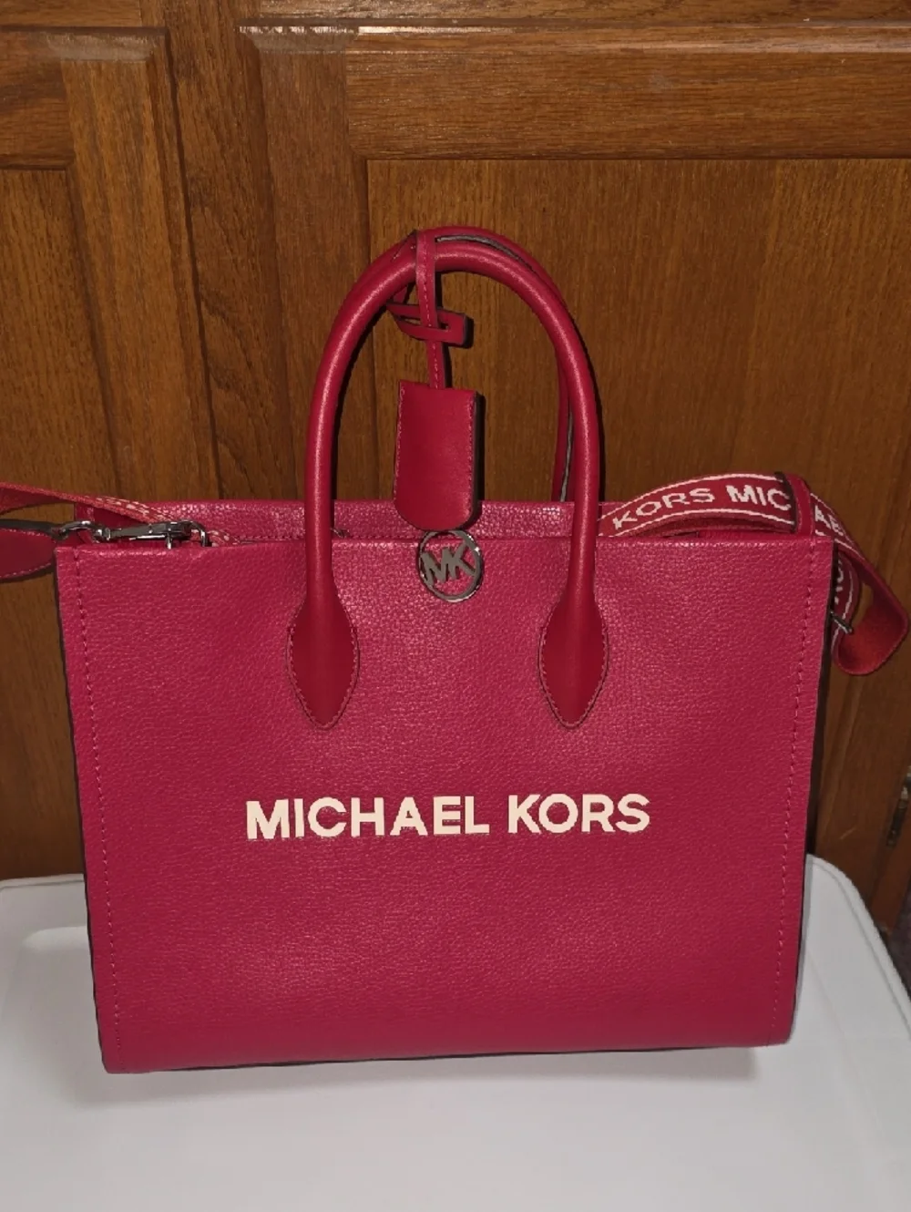 Michael Kors Mirella Pebbled Leather Tote with Logo Guitar Strap